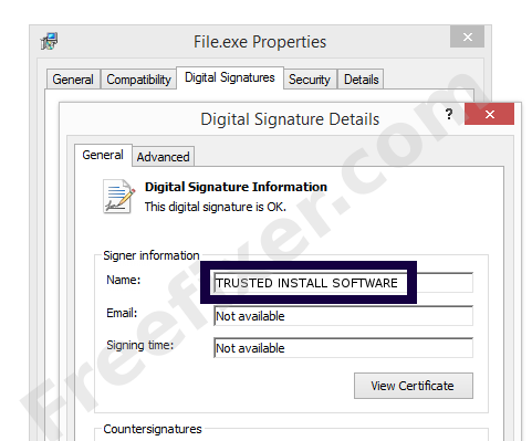 Screenshot of the TRUSTED INSTALL SOFTWARE certificate